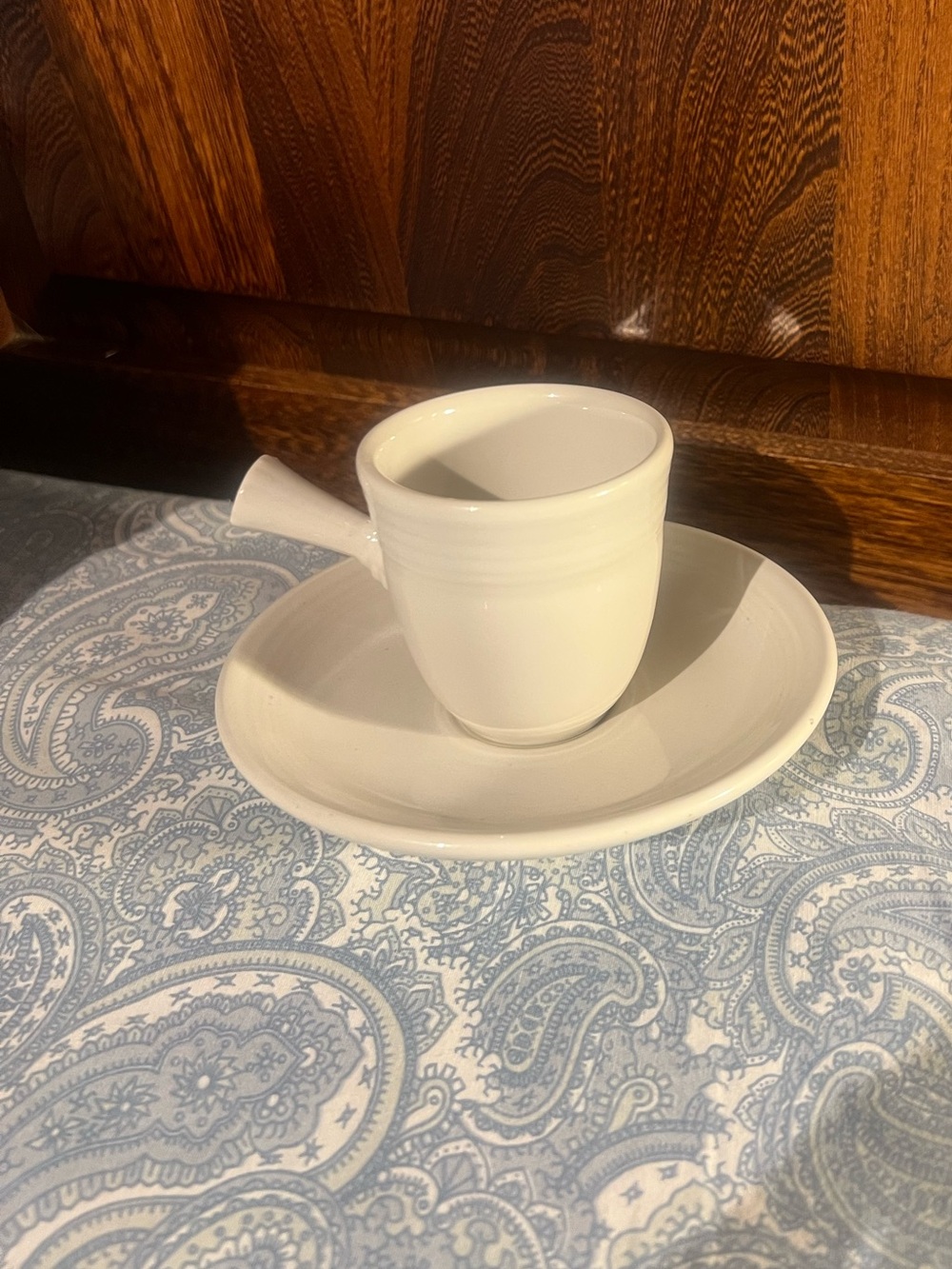 Fiesta Cream Demitasse Stick Handle Cup & Saucer by Homer Laughlin, good cond.